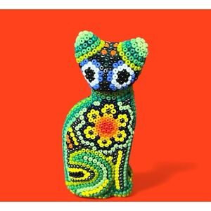 Huichol Cat Kitty Beaded Bead Multicolor Handmade Figurine Mexican Folk Art